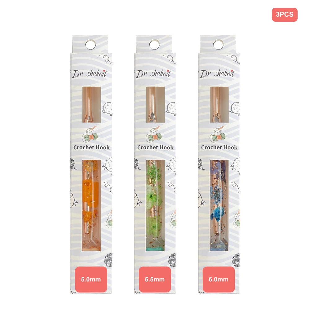 Dr.SheKnit CH180 3-hook floral resin set in retail packaging, 5.0mm, 5.5mm, 6.0mm