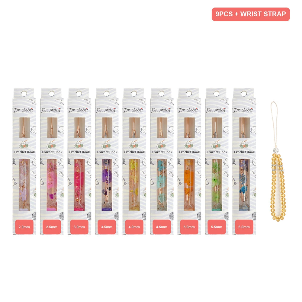 Dr.SheKnit CH180 9-hook floral resin set, 2.0-6.0mm, in retail packaging, with wrist strap