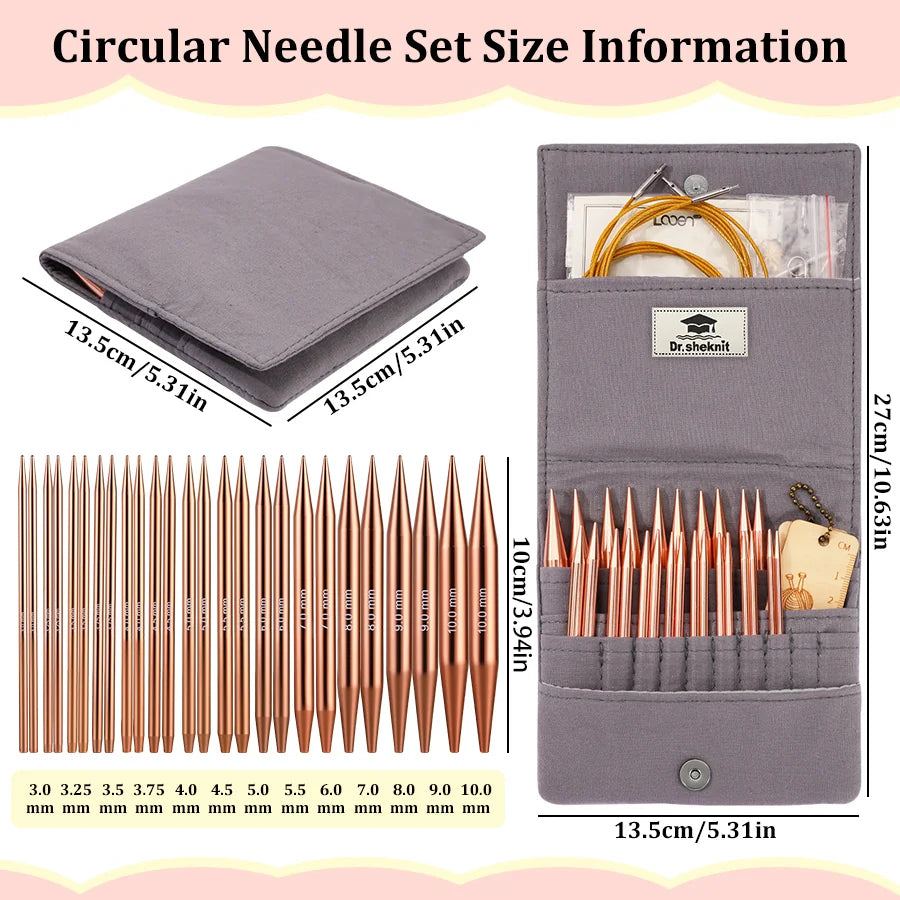 Thirteen circular knitting needle sizes from 3.0 to 10.0 mm with compact gray storage case