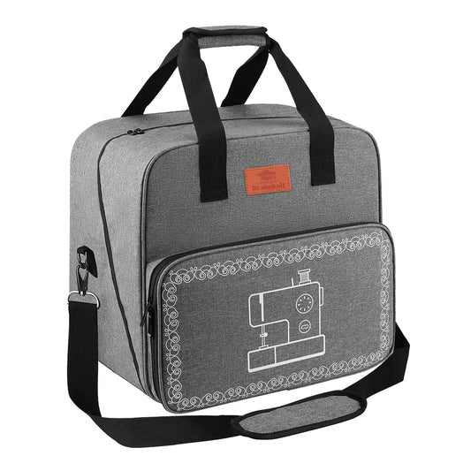 Compact gray padded sewing machine carrying case with handles and shoulder strap