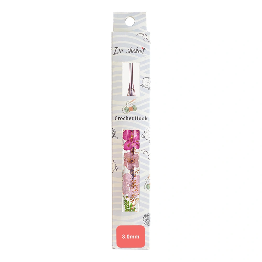 Dr.SheKnit CH172 3.0mm floral resin ergonomic crochet hook in retail packaging