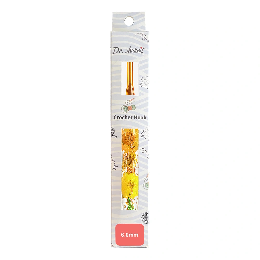 Dr.SheKnit CH172 6.0mm floral resin ergonomic crochet hook in retail packaging