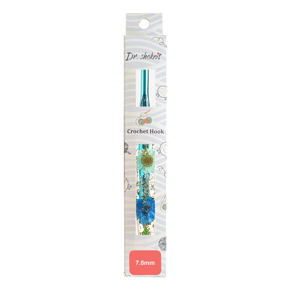 Dr.SheKnit CH172 7.0mm floral resin ergonomic crochet hook in retail packaging