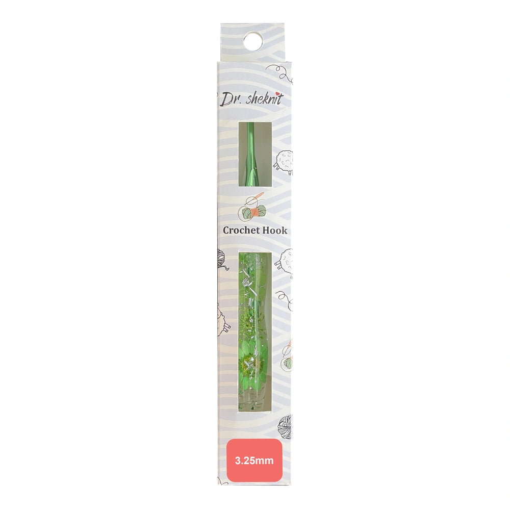Dr.SheKnit CH176 3.25mm floral resin ergonomic crochet hook in retail packaging