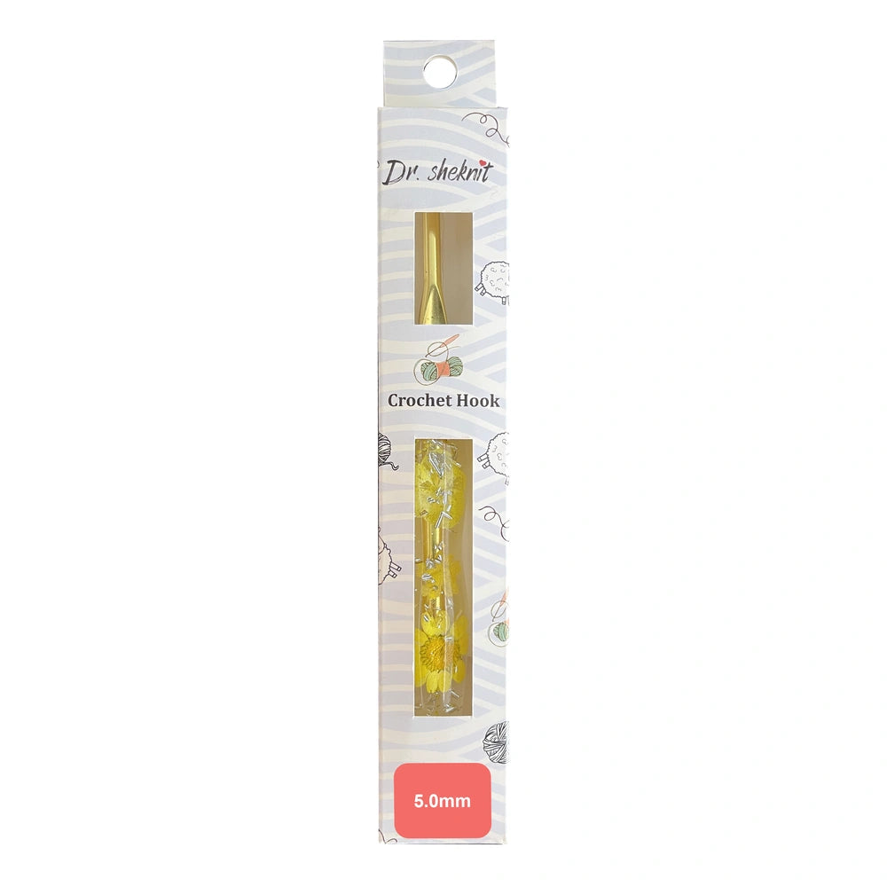 Dr.SheKnit CH176 5.00mm floral resin ergonomic crochet hook in retail packaging