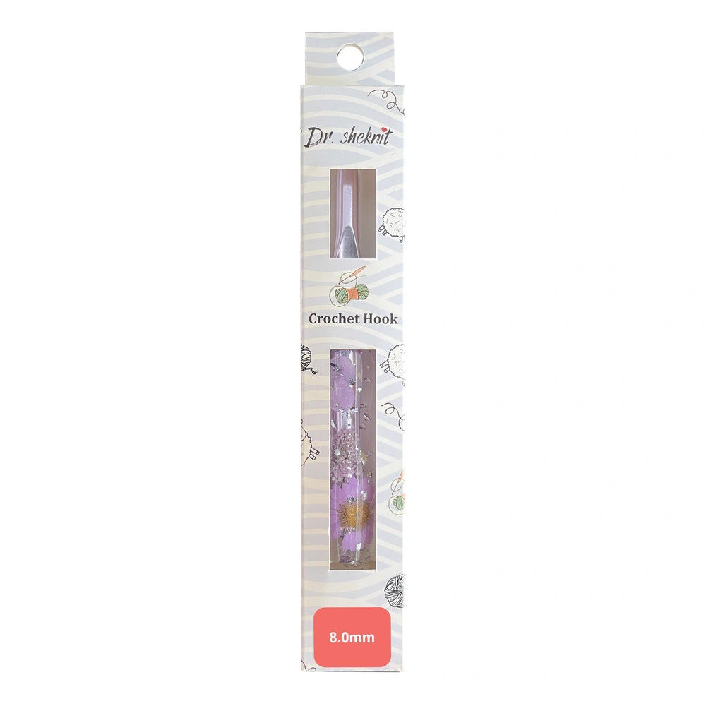Dr.SheKnit CH176 8.00mm floral resin ergonomic crochet hook in retail packaging