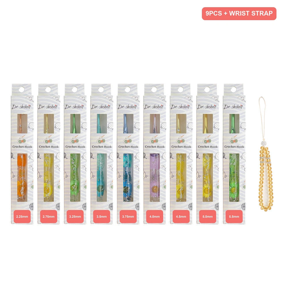 Dr.SheKnit CH176 nine-piece floral resin crochet hook set with decorative wrist strap