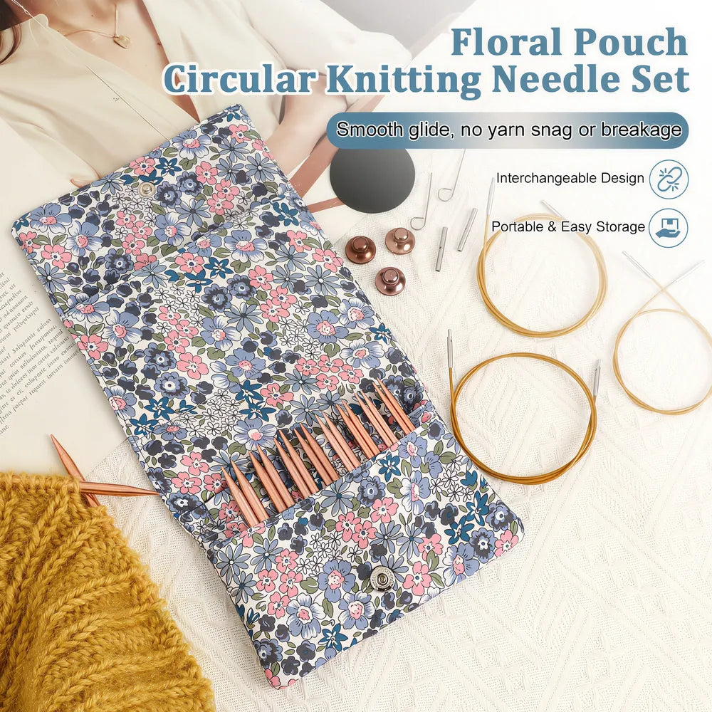 Dr.SheKnit rose gold interchangeable circular knitting needle set with blue floral pouch