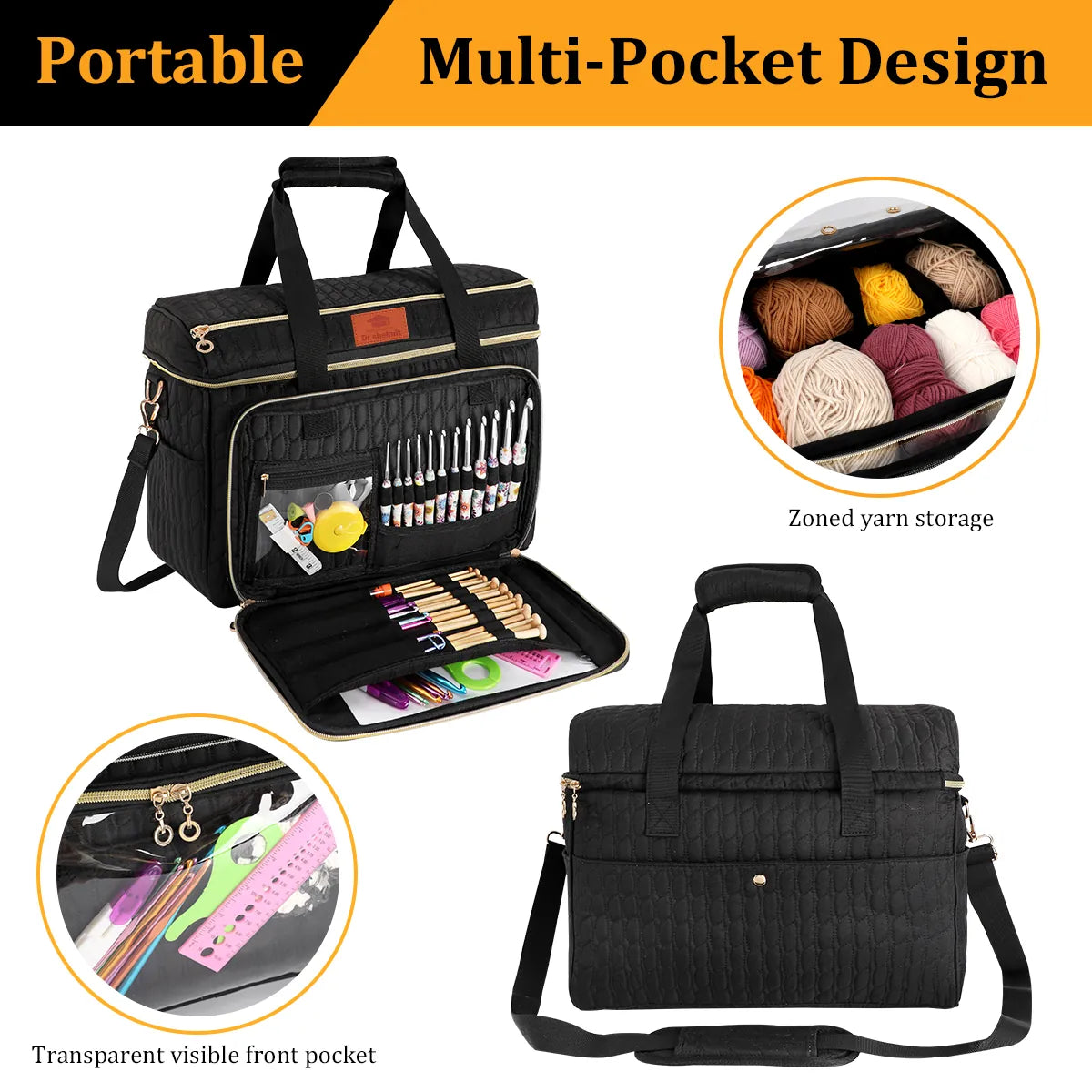 Black EB123 yarn storage bag with exterior pockets and closed carrying design