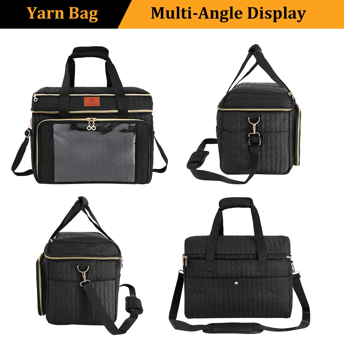 Black EB123 yarn storage organizer shown from front, back and side angles