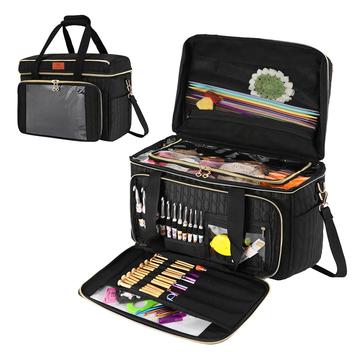Black EB123 yarn storage bag opened with divided yarn compartment and tool organizer