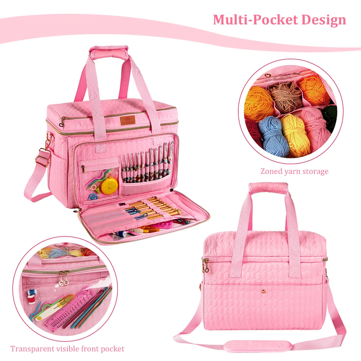 Pink EB123 yarn storage bag with exterior pockets and closed carrying design
