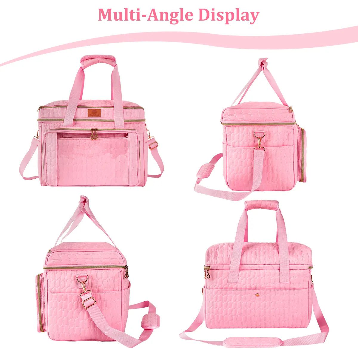 Pink EB123 yarn storage organizer shown from front, back and side angles