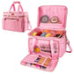Pink EB123 yarn storage bag opened with divided yarn compartment and tool organizer