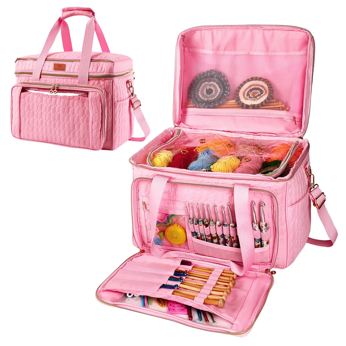 Pink EB123 yarn storage bag opened with divided yarn compartment and tool organizer