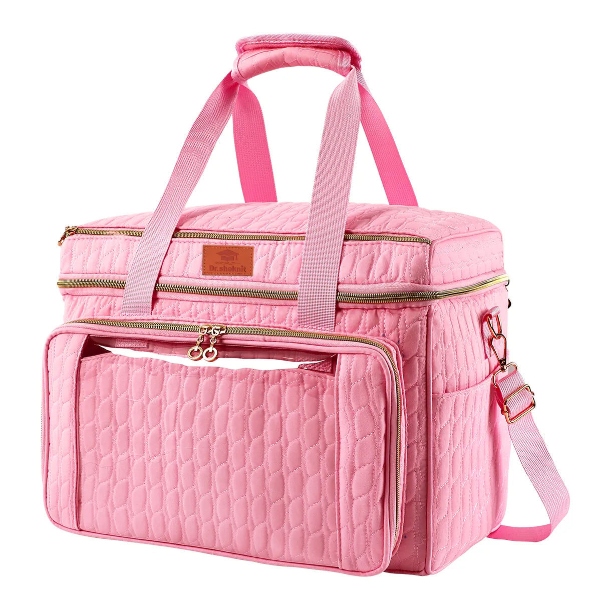 Pink EB123 large quilted yarn storage bag with shoulder strap and transparent front pocket