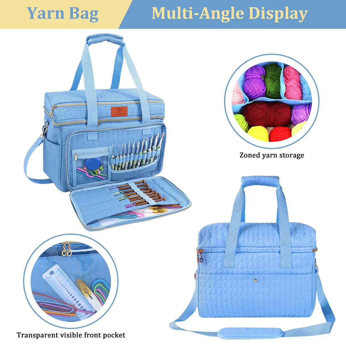 Sky Blue EB123 yarn storage bag with exterior pockets and closed carrying design