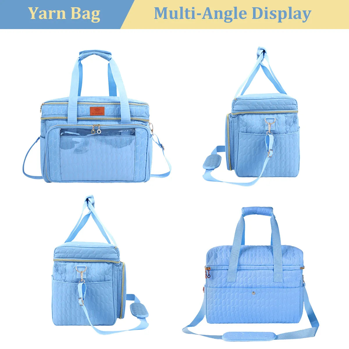 Sky Blue EB123 yarn storage organizer shown from front, back and side angles