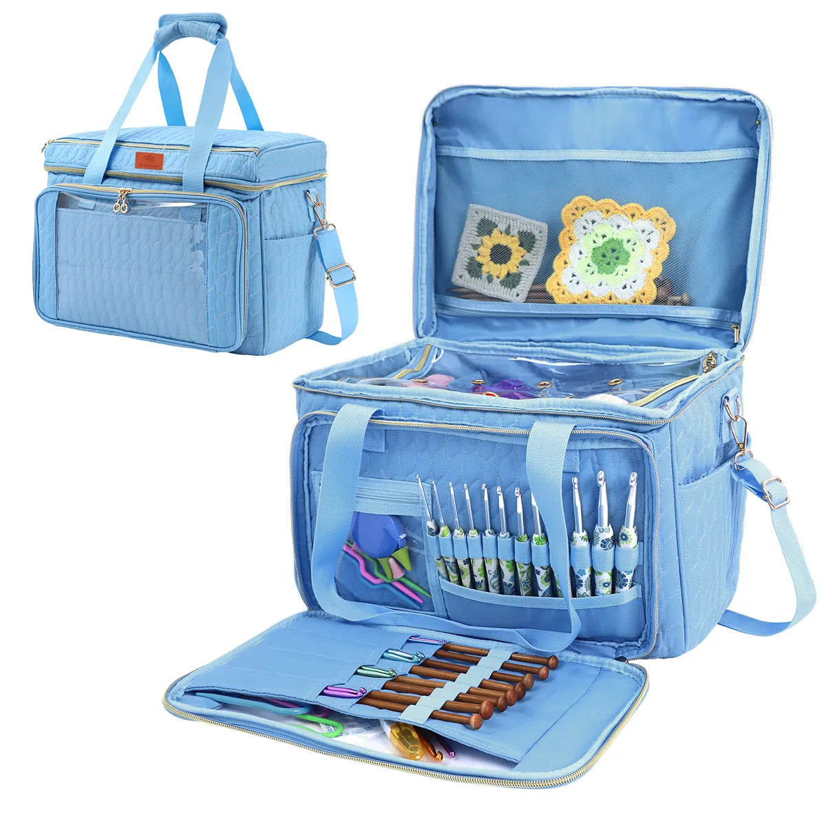 Sky Blue EB123 yarn storage bag opened with divided yarn compartment and tool organizer