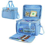 Sky Blue EB123 yarn storage bag opened with divided yarn compartment and tool organizer