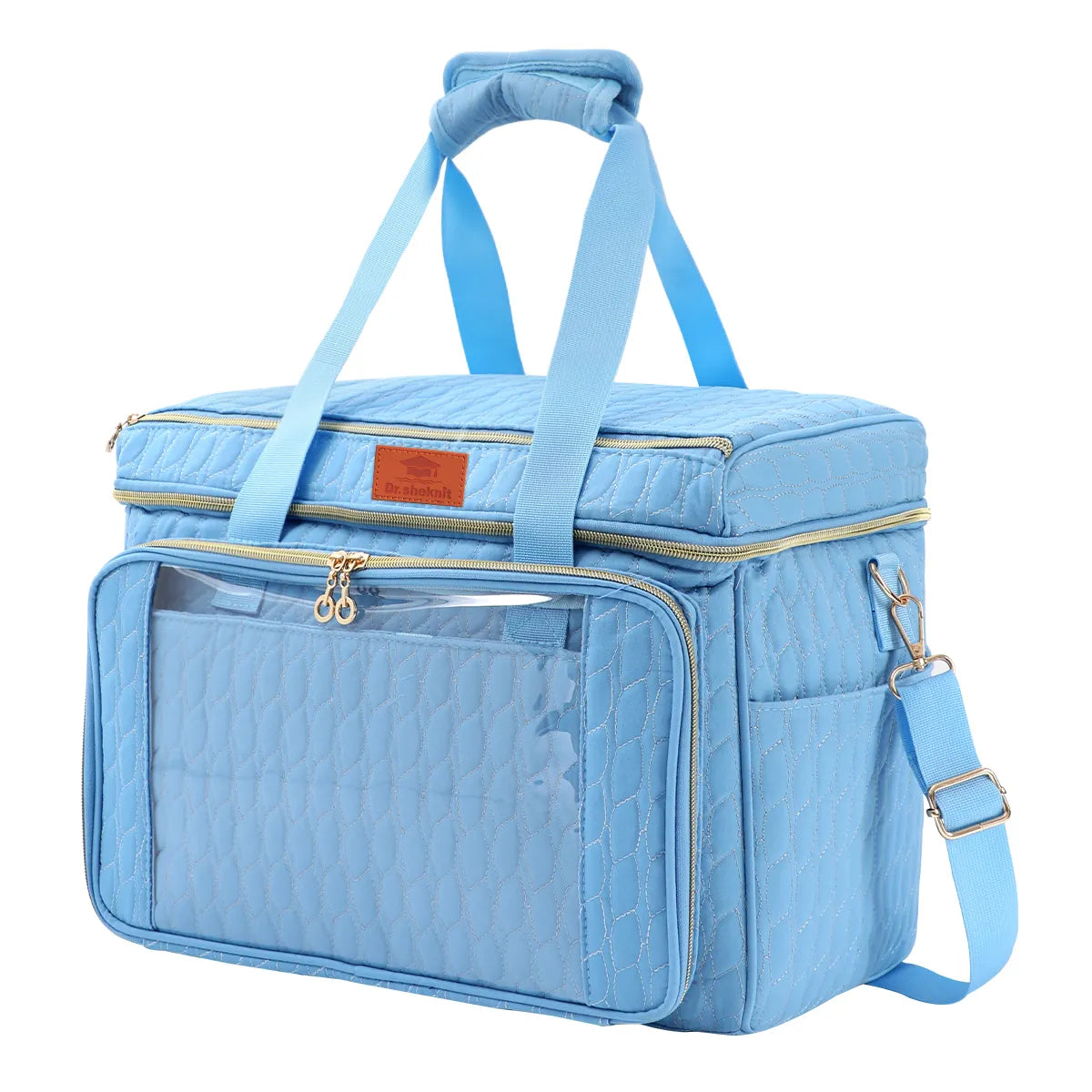 Sky Blue EB123 large quilted yarn storage bag with shoulder strap and transparent front pocket