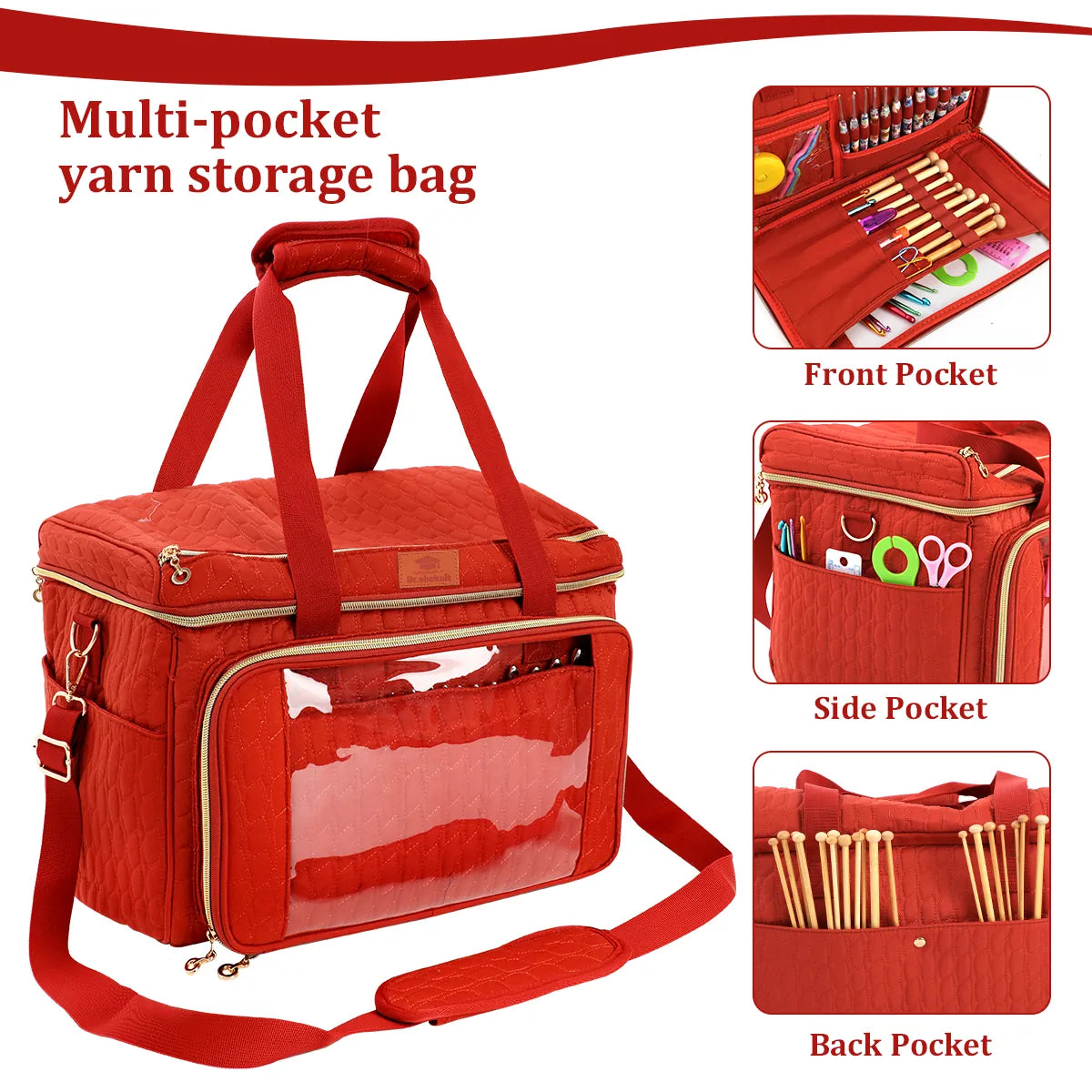 Brick Red EB123 yarn storage bag with exterior pockets and closed carrying design