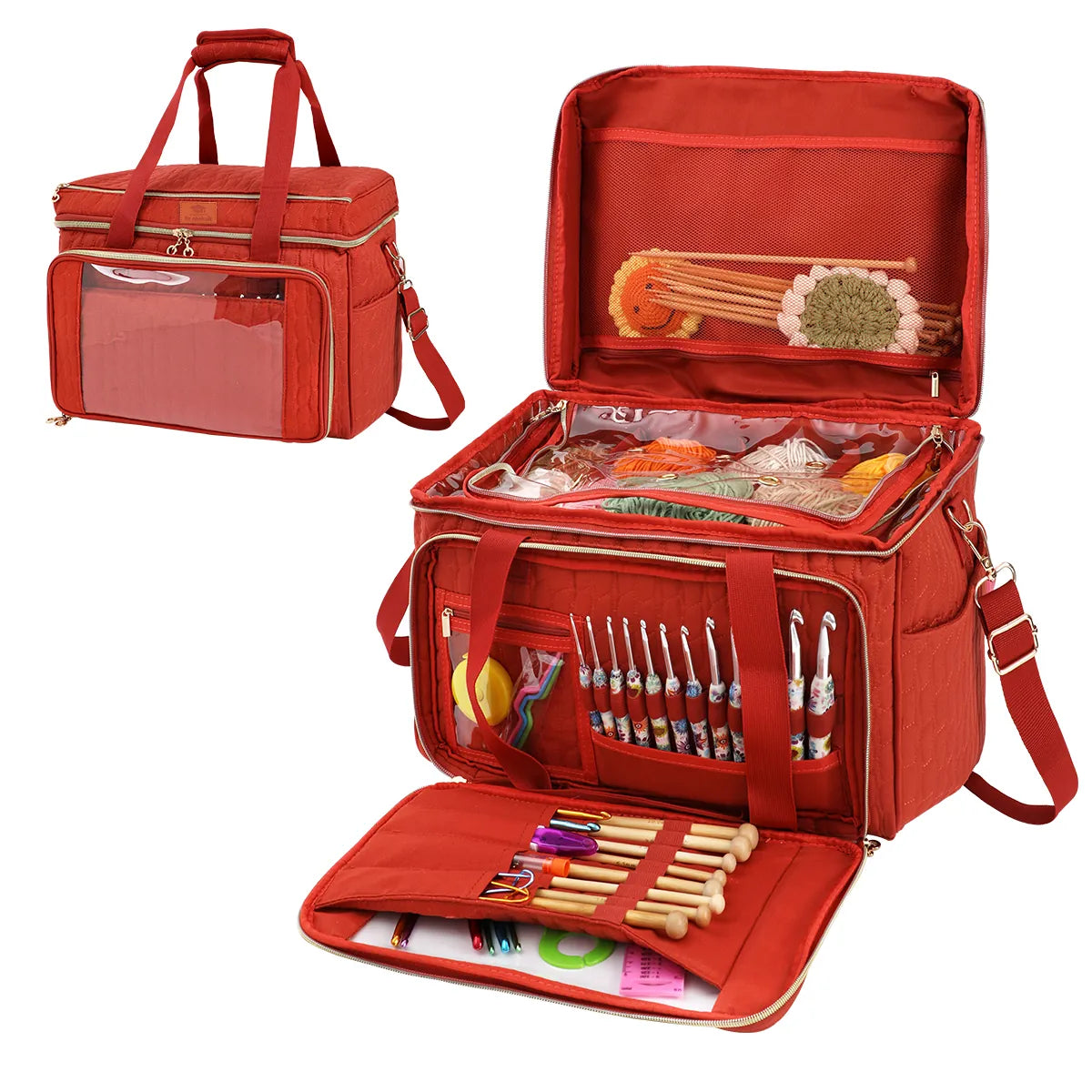 Brick Red EB123 yarn storage bag opened with divided yarn compartment and tool organizer