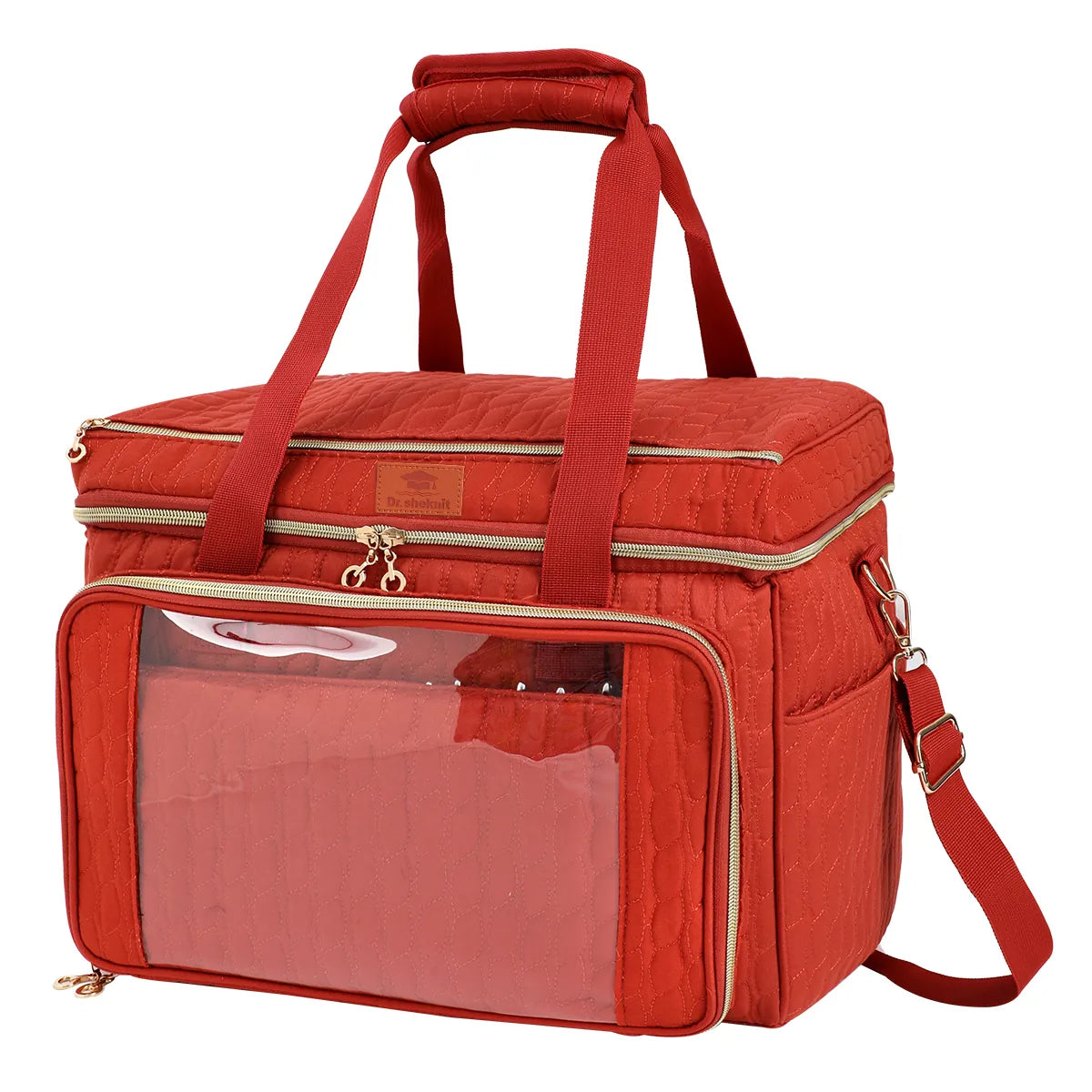 Brick Red EB123 large quilted yarn storage bag with shoulder strap and transparent front pocket