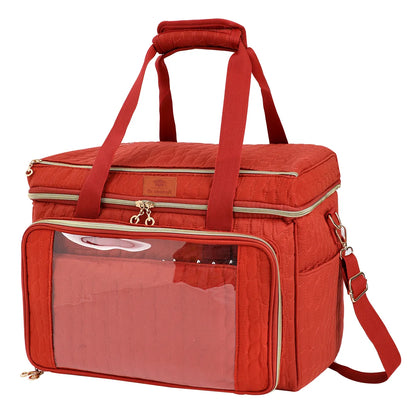 Brick Red EB123 large quilted yarn storage bag with shoulder strap and transparent front pocket