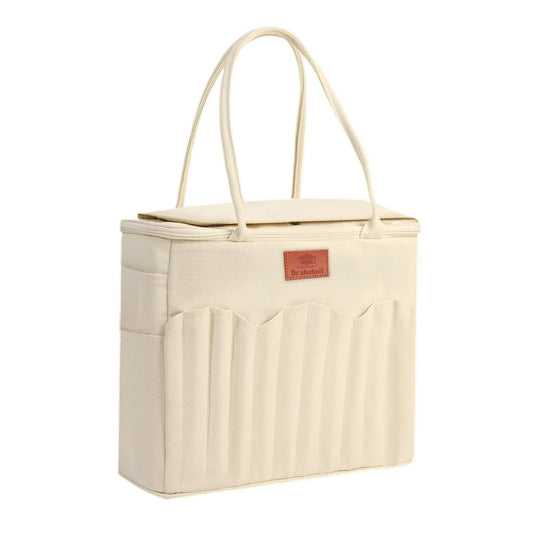 EB126-C1 beige canvas knitting and crochet storage bag with handles and exterior needle pockets