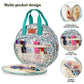 Round embroidery bag with divided tool pockets, elastic holders and mesh storage
