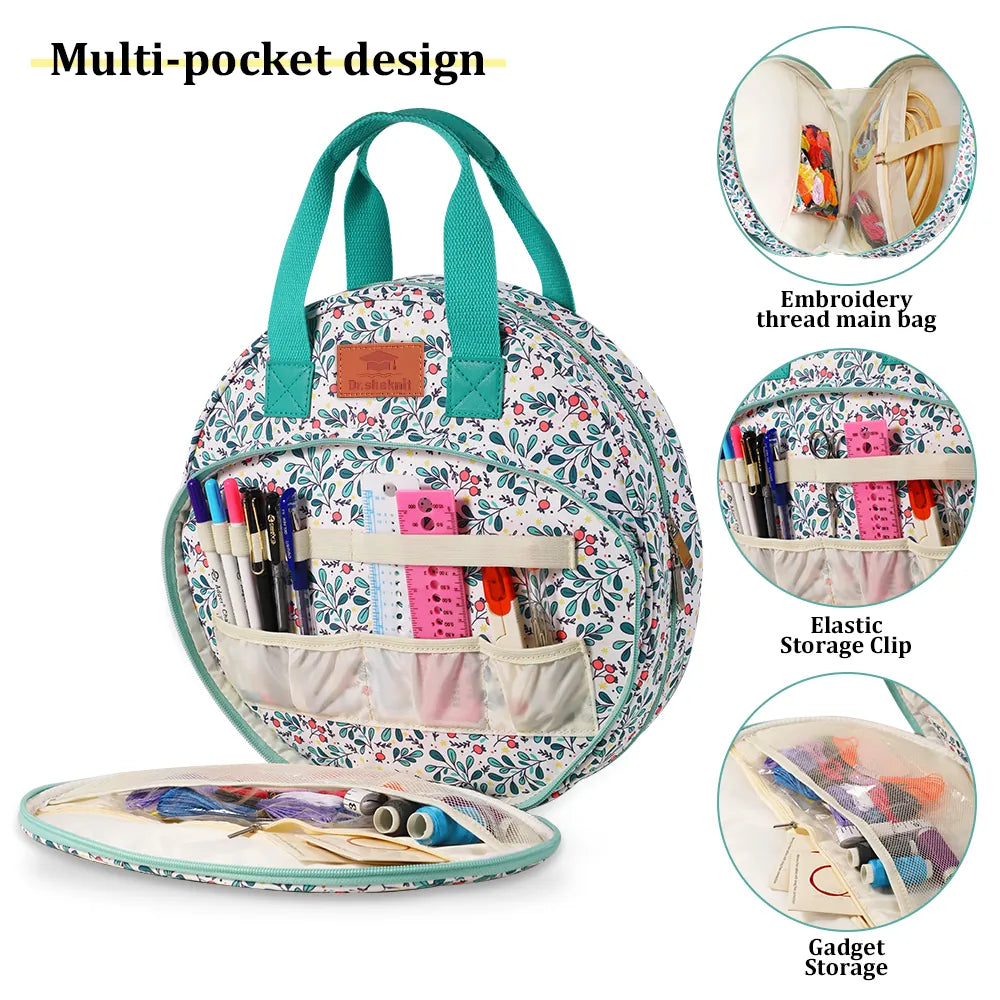 Round embroidery bag with divided tool pockets, elastic holders and mesh storage