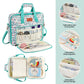 Embroidery organizer bag with front tool pockets, hoop storage and thread compartments