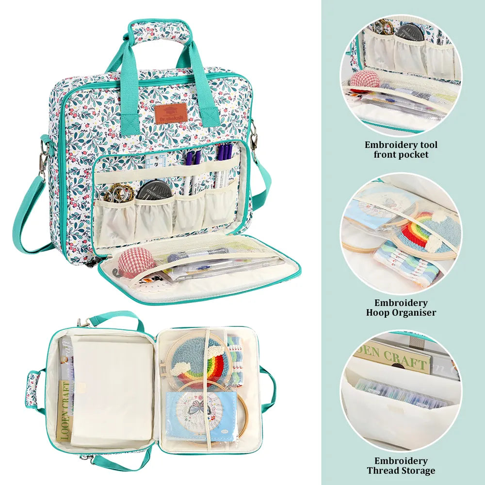 Embroidery organizer bag with front tool pockets, hoop storage and thread compartments