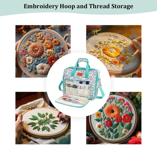 Embroidery project bag for storing hoops, thread and needlework supplies
