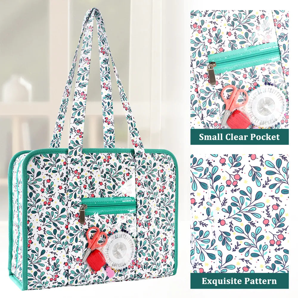 Floral craft storage tote with exterior zippered pocket and mint green trim