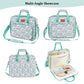 Multiple views of floral embroidery organizer bag with interior storage