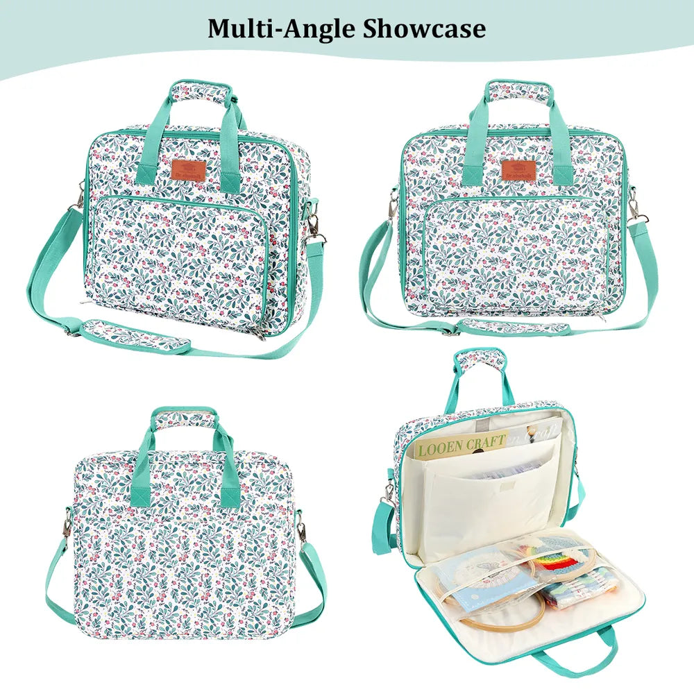Multiple views of floral embroidery organizer bag with interior storage