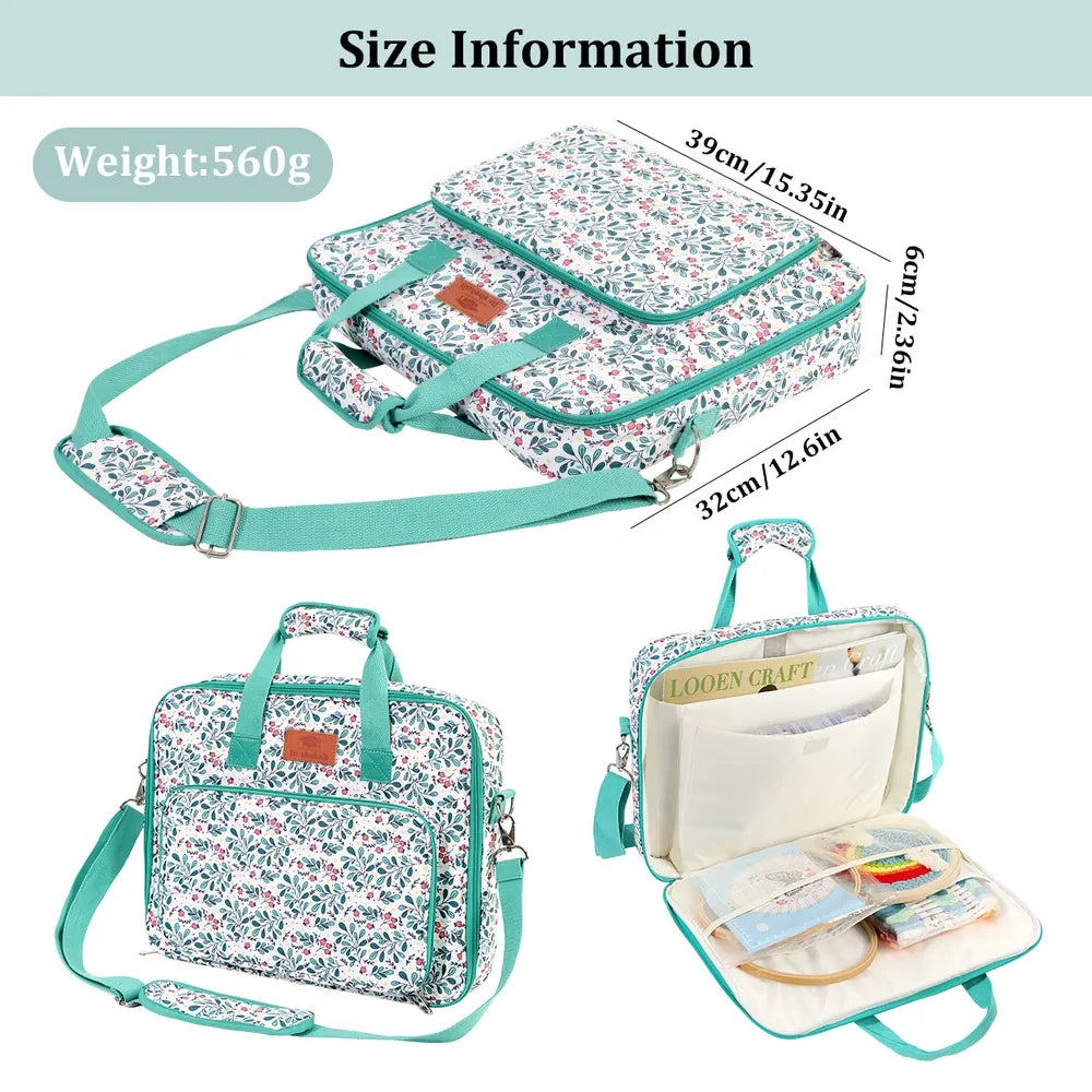 Floral embroidery project bag dimensions, 39 by 32 by 6 centimeters