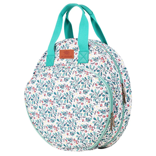 Floral round embroidery hoop and thread storage bag with mint green handles