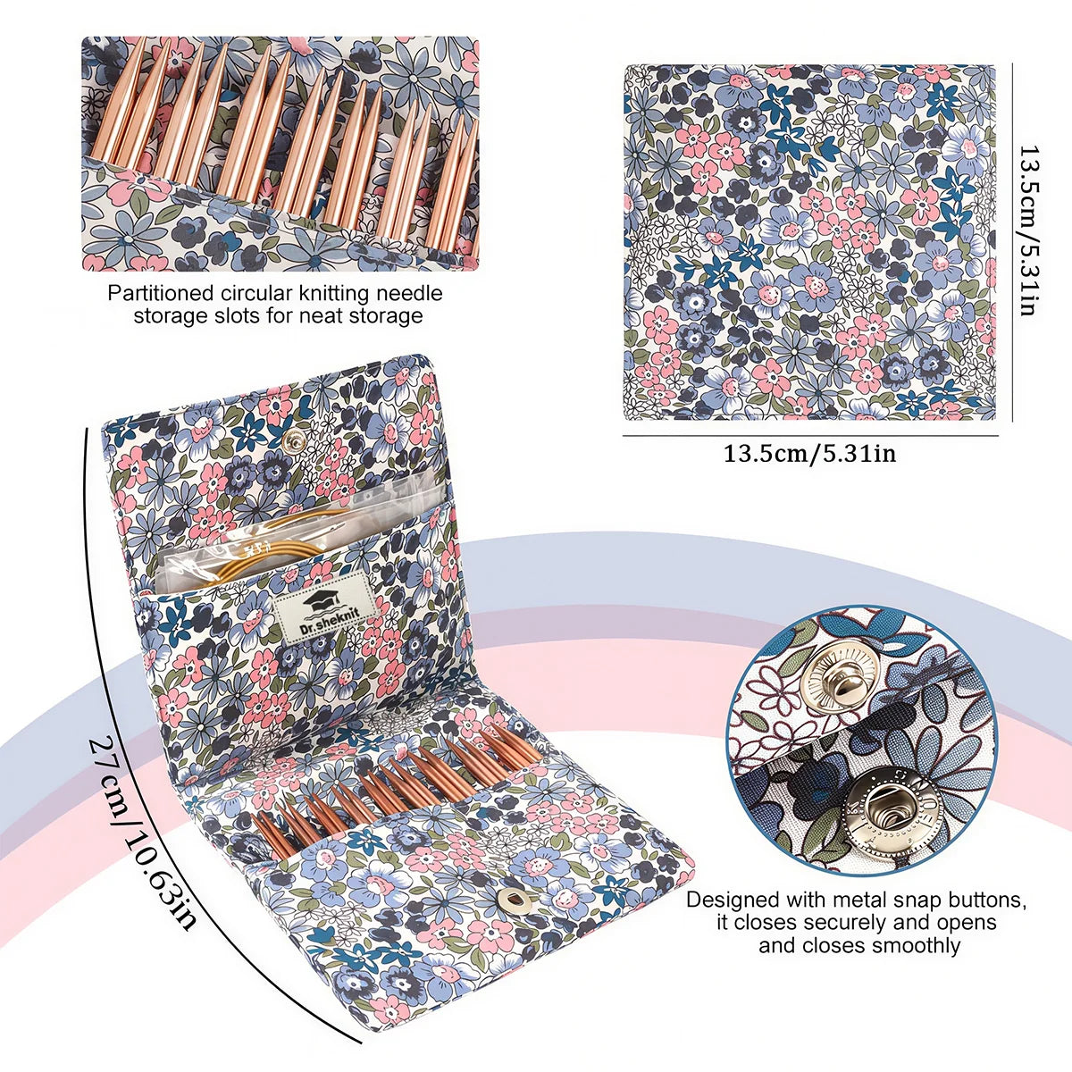 Floral circular knitting needle storage pouch with divided pockets and metal snap buttons