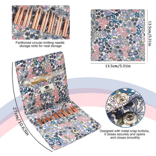Floral circular knitting needle storage pouch with divided pockets and metal snap buttons