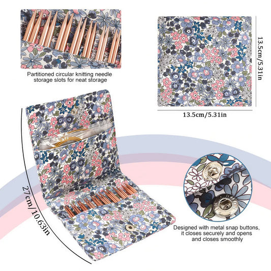 Blue floral canvas knitting needle pouch measuring 13.5 cm square when closed
