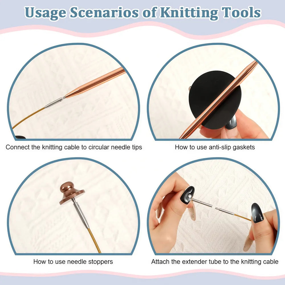 Instructions for connecting circular needle cables, stoppers and extension pieces