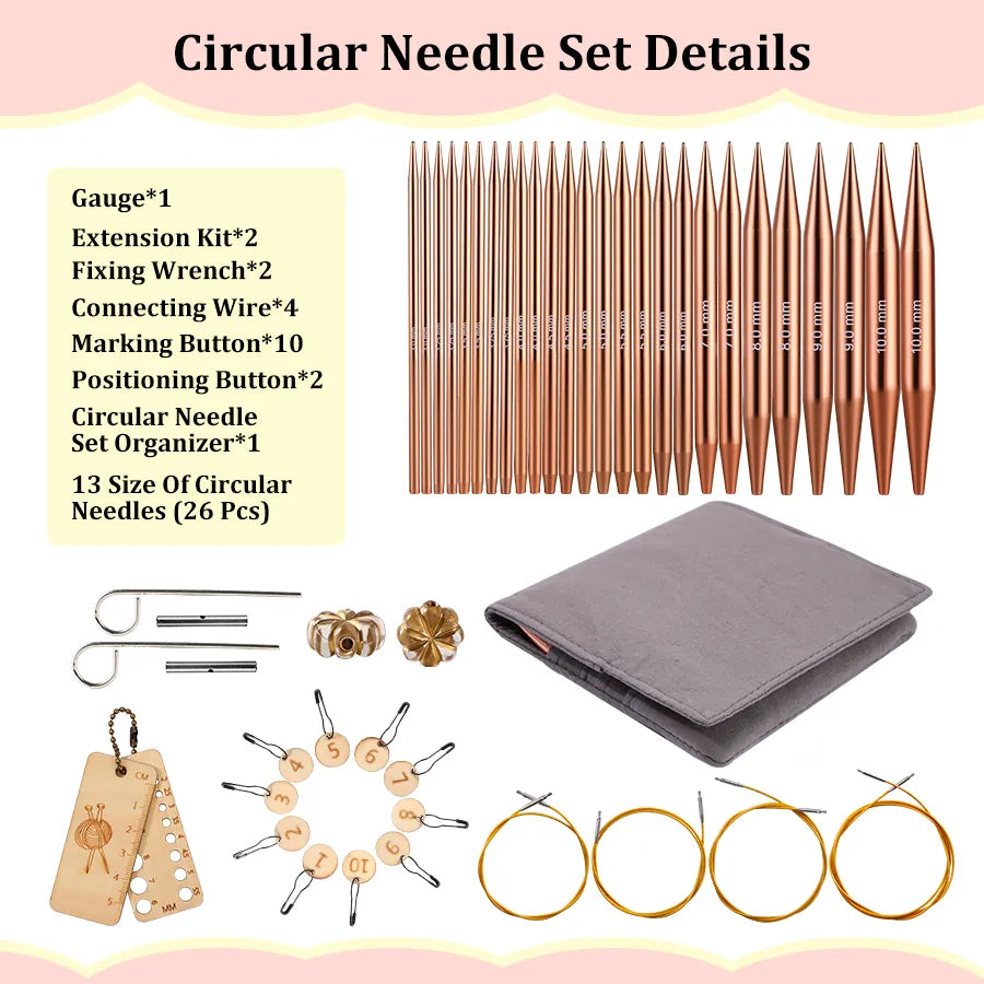 KN042-C8 circular knitting needle set contents with cables, connectors, markers and gauge