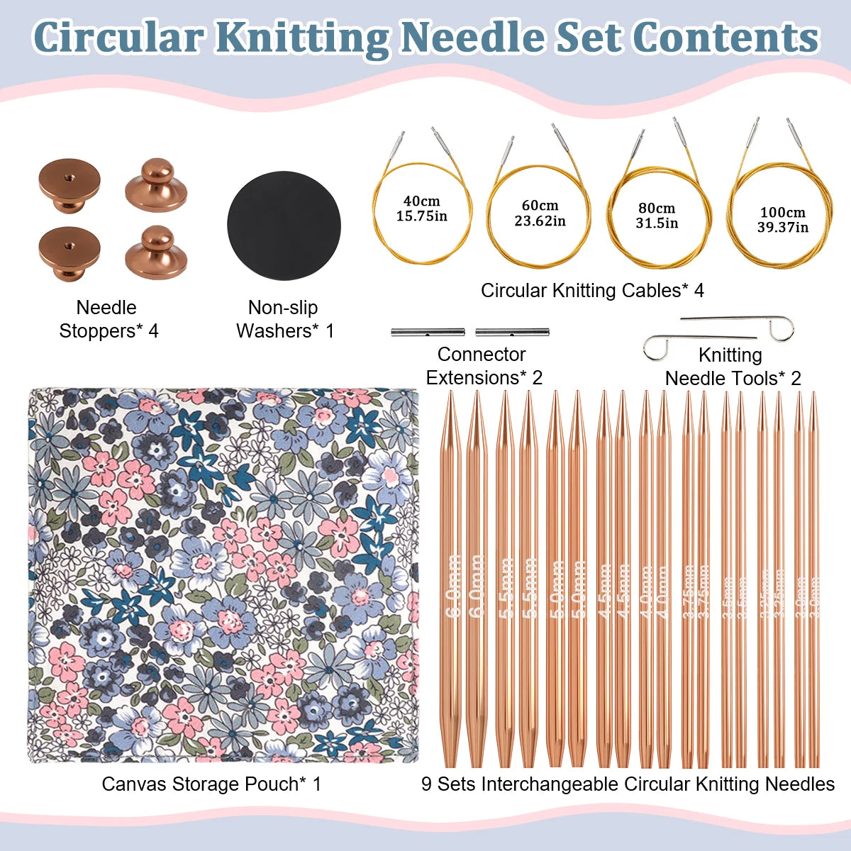 Interchangeable circular knitting needle set contents with nine needle sizes, four cables and floral pouch