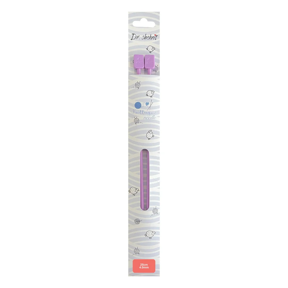 Purple KN005 4 mm plastic straight knitting needle in 25 cm retail packaging
