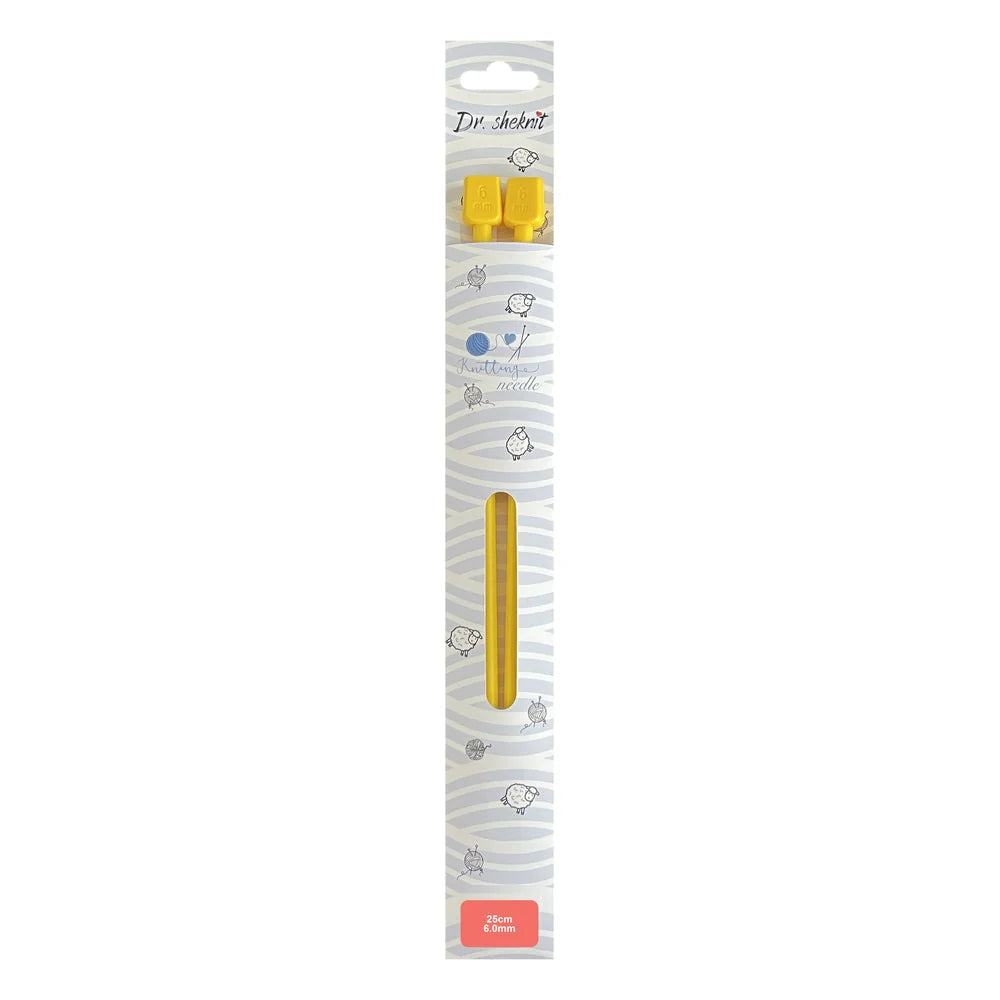 Yellow KN005 6 mm plastic straight knitting needle in 25 cm retail packaging