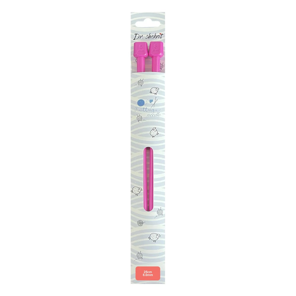 Pink KN005 8 mm plastic straight knitting needle in 25 cm retail packaging
