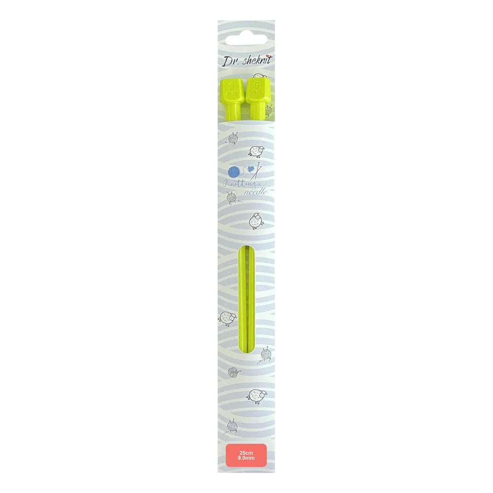 Lime green KN005 9 mm plastic straight knitting needle in 25 cm retail packaging